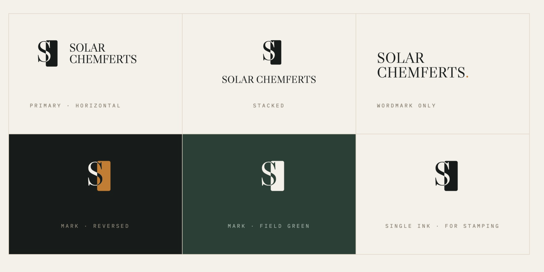 Solar Chemferts Route 2b identity board: primary horizontal, stacked, wordmark only, mark reversed, mark on field green, single ink for stamping